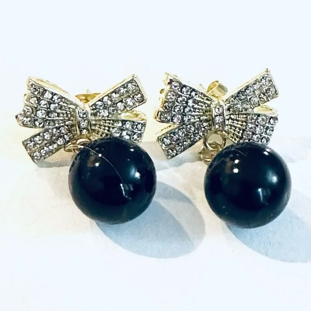 Gold Rhinestone Bow and Black Pearl Earrings